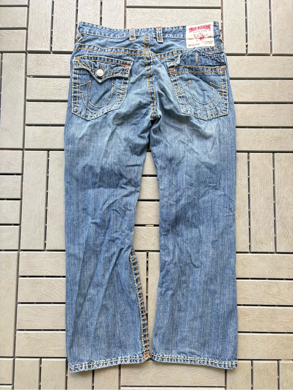 True Religion Men's Light Blue Bootcut Jeans with Signature Back Pockets